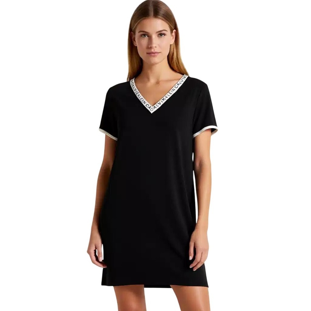 Calvin‎ Klein Womens Black Logo V-Neck Short Sleeve Shift Dress L NWT